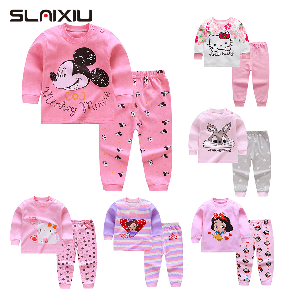 SLAIXIU Cotton Cartoon Pyjamas Kids Clothes Pink Cute Cat Printed Long Sleeve Shirt & Pants Two-piece Suit Pajamas Sets for Girls Kids Sleeping Clothes (0-5yrs)
