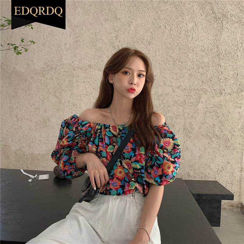 EDQRDQ Women's Puff Short Sleeve Off Shoulder Chiffon Blouse Summer Floral Print Casual T Shirts
