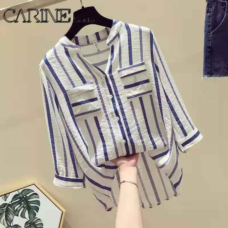 CARINE 2021 New Striped Korean Long sleeves Blouse Large size V collar Women Top