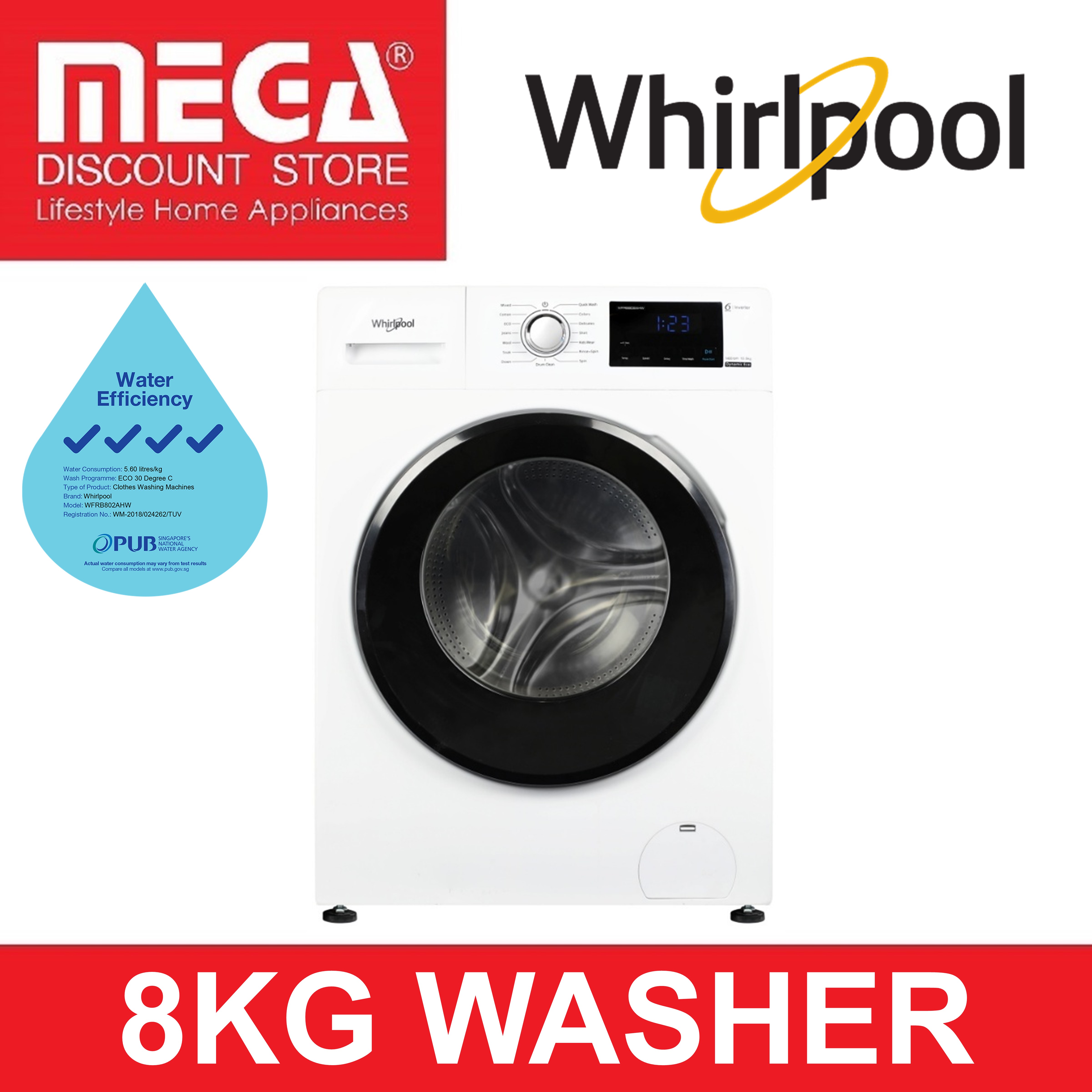 WHIRLPOOL WFRB802AHW 8KG FRONT LOAD WASHER (4 TICKS)