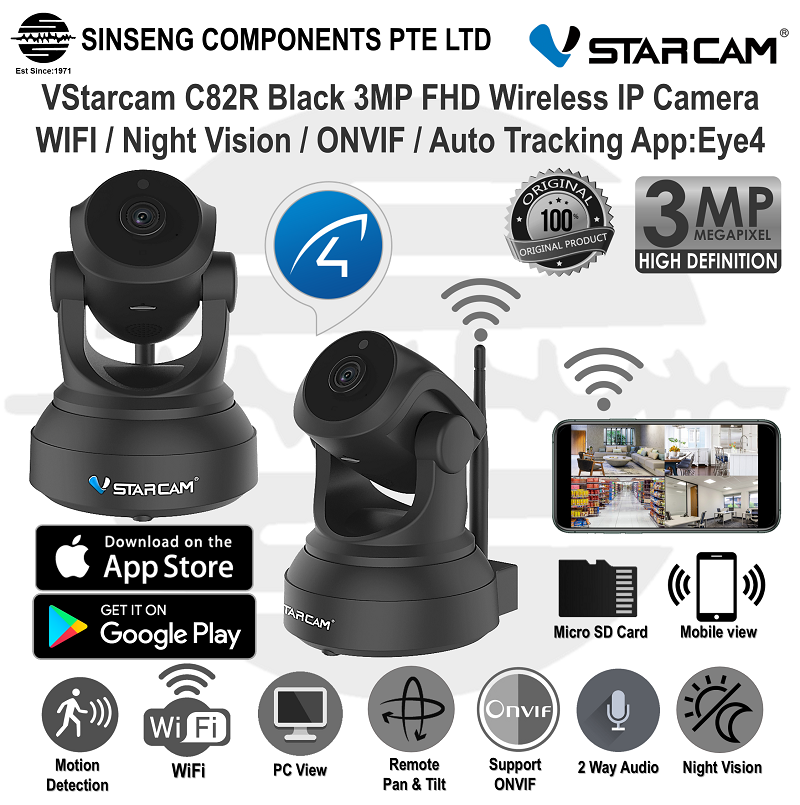 Upgraded 3MP Vstarcam Black C82R Wireless WiFi IP Camera with Auto Motion Tracking, IR-Cut Night Vision, 2-Way Audio CCTV Camera (App:Eye4)