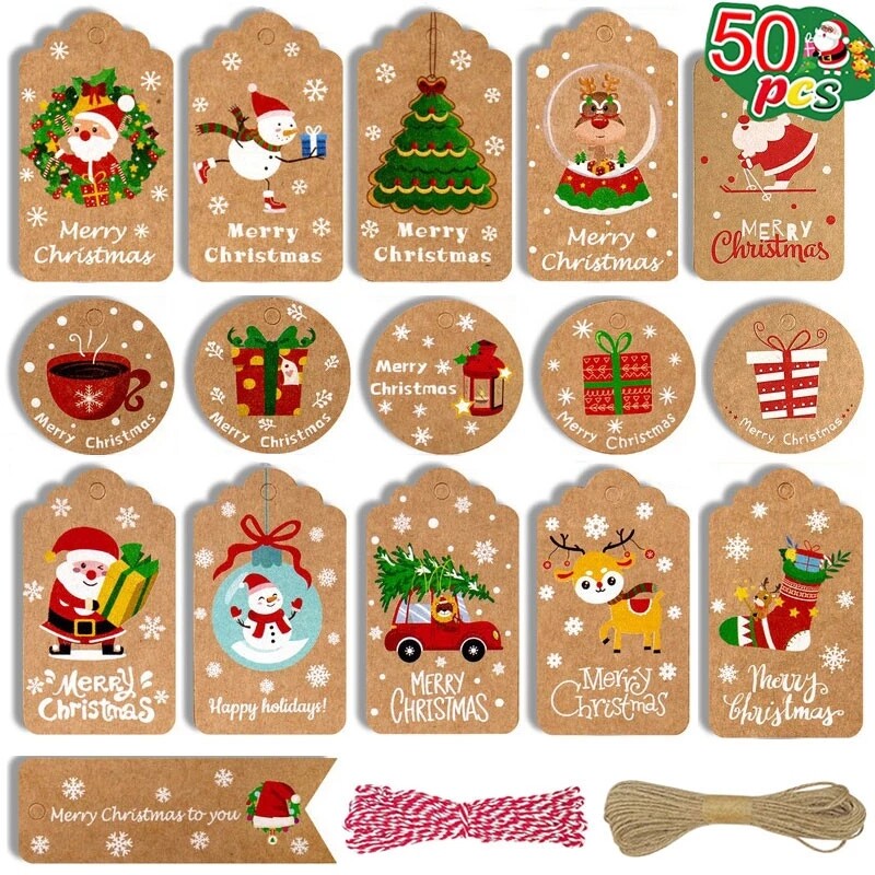 50Pcs Merry Christmas Kraft Paper Tags DIY Handmade Gift Wrapping Paper Labels Santa Claus Hang Tag Ornaments New Year Decor