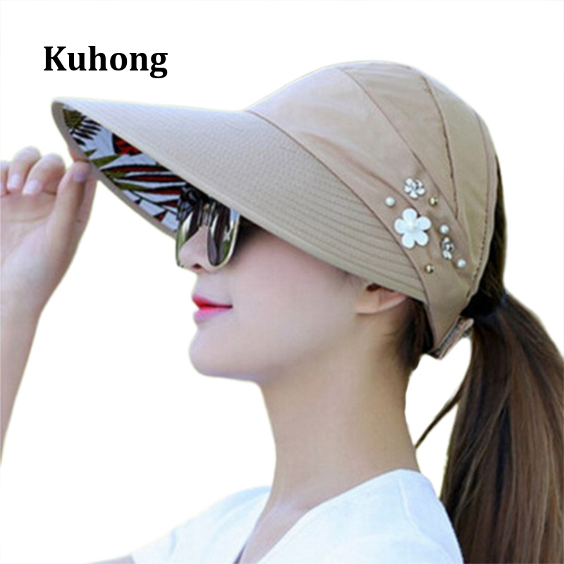 Kuhong Women Sun Hat Outdoor Wide Brim Cap Foldable Summer Beach UV Visor