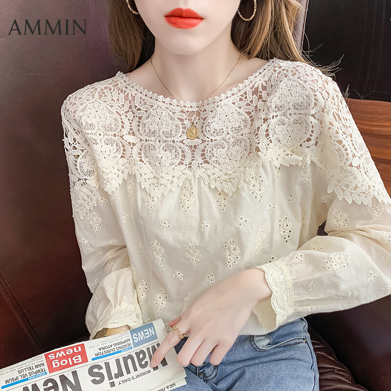 AMMIN Korean style women's long-sleeved hollow lace stitching embroidery lace shirt Fashion loose lace embroidery top Lady cotton linen embroidery Blouse