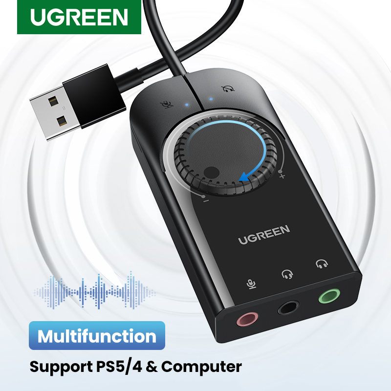 UGREEN USB Sound Card External Audio Card 3.5mm USB Adapter USB to Earphone Headphone Audio Interface for Computer PS4 Sound Card-Intl