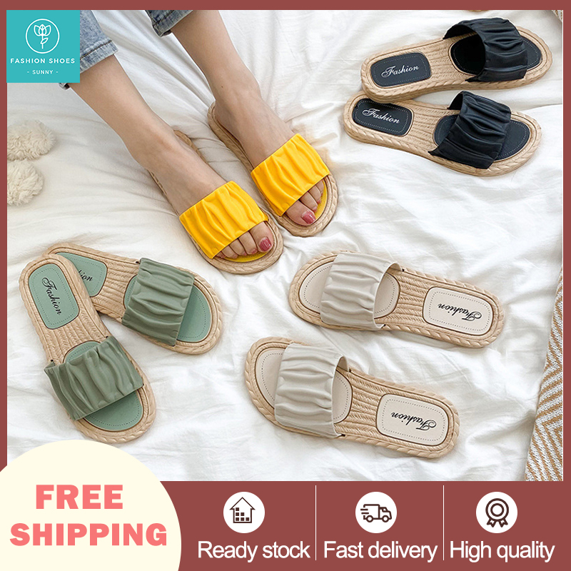 【SG Seller】Women's New Summer Slippers, Home Bathroom Shoes, Outer Flat-Soled Beach Sandals, Girls Young Soft-Soled Sandals And Slippers