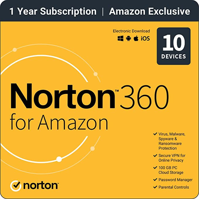Norton 360 for Amazon, 2023 Ready, Antivirus software for up to 10 Devices with Auto Renewal